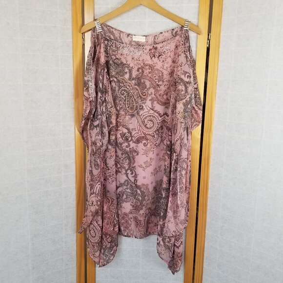 Mascara Paris 100% Silk Caftan Blouse One Size Pink Paisley Cold Shoulder - Picture 10 of 16